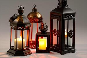 ornamentale Arabo lanterna con ardente candela ai generativo foto