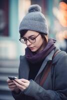 ritratto di giovane sorridente ragazza nel leggero cappotto e sciarpa , a piedi attraverso città strade e utilizzando smartphone per interagire con gli amici. bene vibrazioni. concetto di moderno tecnologie ai generativo foto