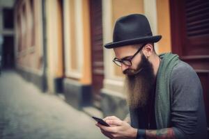 fricchettone con lungo barba bicchieri e cappello utilizzando il suo smartphone nel il città, ai generativo foto