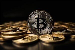 crypto moneta d'oro bitcoin sfondo, finanziario investimento concetto. generativo ai foto