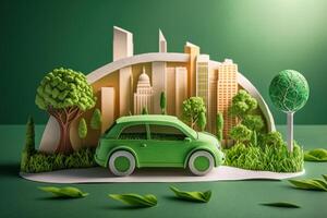 eco amichevole auto con paesaggio urbano carta tagliare stile, rinnovabile e sostenibile energia concetto. generativo ai foto