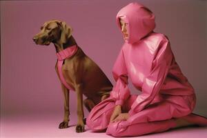 ai generato donna con Weimaraner cane nel futuristico stile foto