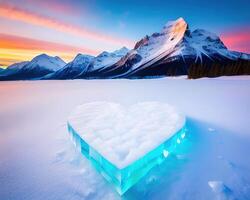 un' cuore sagomato pezzo di ghiaccio con montagne nel il sfondo di ai generato foto