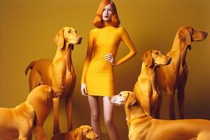 ai generato donna e Weimaraner cane nel futuristico stile foto