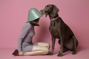 ai generato donna con Weimaraner cane nel futuristico stile foto