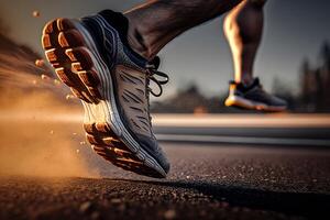 generativo ai illustrazione di avvicinamento a il corridore piedi è in esecuzione su il sporco itinerario a il giungla, strada e strada. pista in esecuzione sport azione e umano sfida concetto foto