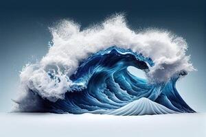 generativo ai illustrazione di blu oceano onde con bianca schiuma, solido bianca sfondo foto