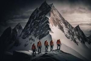 generativo ai illustrazione di gruppo di alpinisti. multiplo alto alpino scalatori nel davanti di un' gigantesco montagna foto