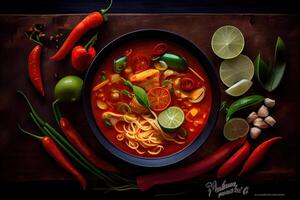 generativo ai illustrazione di appetitoso ciotola di tom yum la minestra, speziato tailandese la minestra con gamberetto, frutti di mare, Noce di cocco latte e chili Pepe nel ciotola copia spazio foto