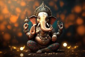 generativo ai illustrazione di Ganesha indù Dio , con fiori, olio pittura prese su in Paradiso, seduta nel davanti di bokeh mandala sfondo foto