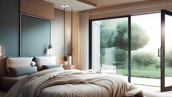 un' Camera da letto con un' grande letto e un' grande finestra ai generativo foto