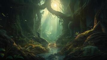 in profondità foresta fantasia fondale concetto arte realistico illustrazione sfondo con generativo ai foto