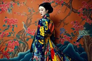 ai generato donna geisha, moderno giapponese stile foto