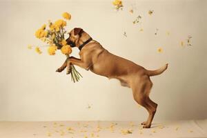 ai generato cane con fiori, primavera concetto foto