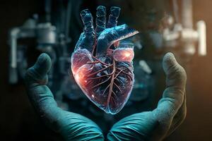 il medico è Tenere un' blu cuore con il suo mani. generativo ai foto