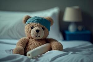 malato orsacchiotto, un' giocattolo nel letto con un' bendare su il suo testa. generativo ai foto
