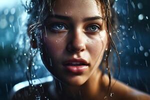 ritratto di un' ragazza con bagnato buio capelli nel gocce di acqua sospeso nel il aria. generativo ai foto