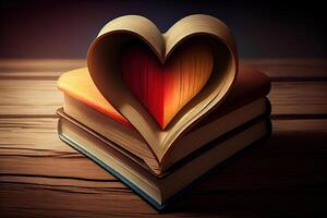 cuore fatto di libri su bianca di legno rustico spazio. generativo ai foto