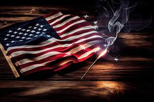 contento lavoro duro e faticoso giorno, americano bandiera con sparklers e Fumo su rustico di legno sfondo. generativo ai foto