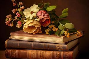 pila di Vintage ▾ libri e un' mazzo di bellissimo fiori. generativo ai foto