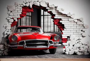 3d murale sfondo rotto parete mattoni e un' classico rosso auto ai generativo foto