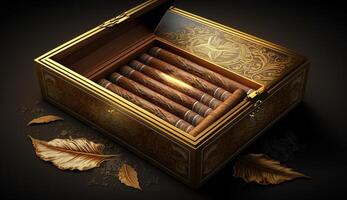 realistico illustrazione di sigaro sigarette nel un' classico di legno scatola con Fumo effetto, generativo ai foto