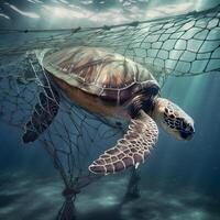 un' mare tartaruga è ingarbugliato nel un' pesca rete. ambientale protezione e plastica consapevolezza concetto. generativo ai contenuto, foto