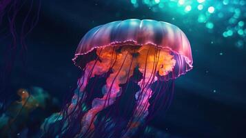 mistico oceanico incandescenza, incantevole Medusa nel subacqueo mondo. generativo ai foto