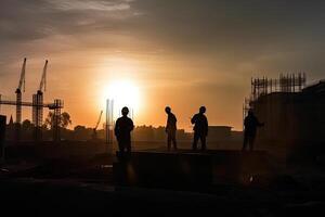 sagome di ingegneri a costruzione luogo a tramonto. generativo ai foto