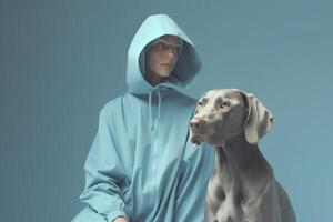 ai generato donna e Weimaraner cane. futuristico estetico foto