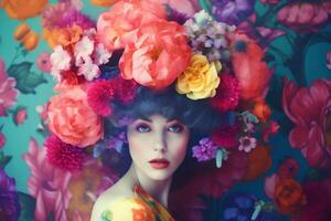 ai generato donna con colorato fiori, primavera concetto foto