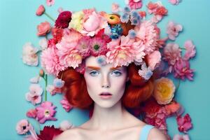 ai generato donna con colorato fiori, primavera concetto foto