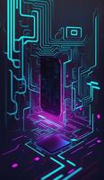 informatica circuito futuristico neon sfondo, motivo labirinto techno sfondo manifesto ,generativo ai foto