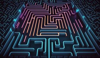 informatica circuito futuristico neon sfondo, motivo labirinto techno sfondo paesaggio ,generativo ai foto