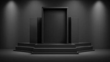 realistico 3d nero tema podio per Prodotto Schermo. ai generato foto