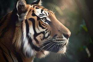 un' vicino su di un' Bengala di tigre viso nel un' foresta. ai generato foto