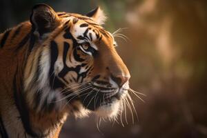 un' vicino su di un' Bengala di tigre viso nel un' foresta. ai generato foto