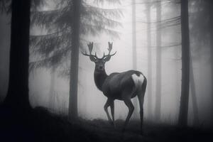 un' cervo nel un' nebbioso foresta. ai generato foto