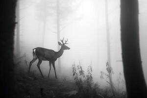 un' cervo nel un' nebbioso foresta. ai generato foto