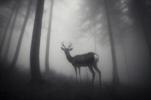 un' cervo nel un' nebbioso foresta. ai generato foto