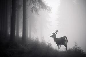 un' cervo nel un' nebbioso foresta. ai generato foto