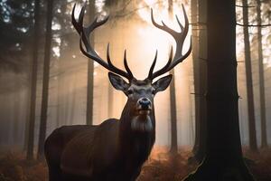 un' maestoso cervo con corna in piedi con orgoglio nel il foresta a alba. ai generato foto