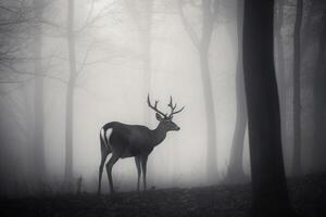 un' cervo nel un' nebbioso foresta. ai generato foto