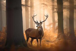 un' maestoso cervo con corna in piedi con orgoglio nel il foresta a alba. ai generato foto