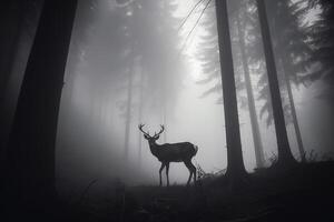 un' cervo nel un' nebbioso foresta. ai generato foto