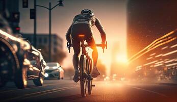 movimento di ciclista nel movimento su tramonto, persone cavalcata su bicicletta, generativo ai foto