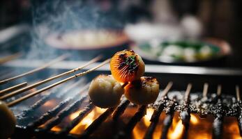 grigliato frutti di mare pettine e mare riccio uova spiedo con Fumo, giapponese strada cibo a tsukiji pesce mercato, Giappone. selettivo messa a fuoco e film stile, generativo ai foto