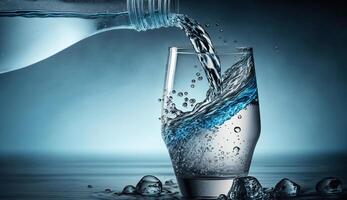 scrosciante acqua a partire dal bottiglia in bicchiere su blu nero sfondo, generativo ai foto