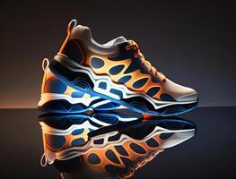 futuristico tennis scarpa concetto, arancia e blu, liquido modulo, generativo ai foto