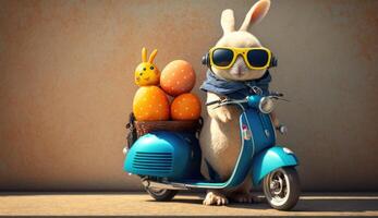 Pasqua coniglietti nel occhiali da sole e un' blu scooter. ai generato foto
